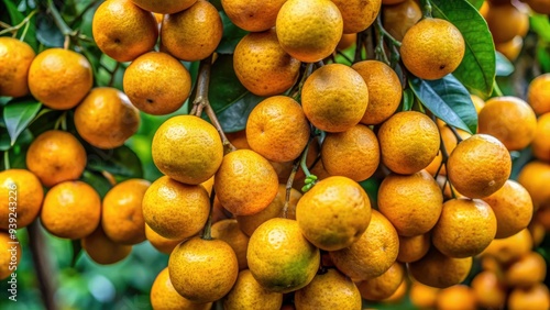 Vibrant orange-yellow fruit of the Luo Han Guo vine, also known as Monk's Fruit, grows in clusters, showcasing its unique, wrinkled, and bumpy texture. photo