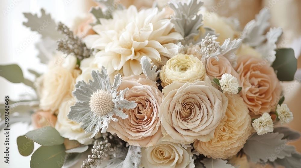 Wedding bouquet. Beige flowers. Wedding day. Bride. Wedding bouquet. Beige flowers. Wedding day. Bride.