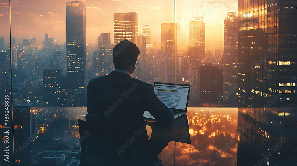 A businessman working on a laptop in a high-rise office with a city skyline view. A businessman working on a laptop in a high-rise office with a city skyline view.