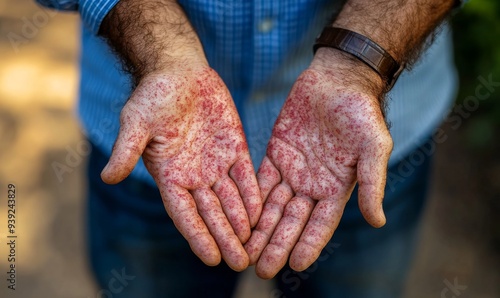 A man with red rash spots on his hands is show palm