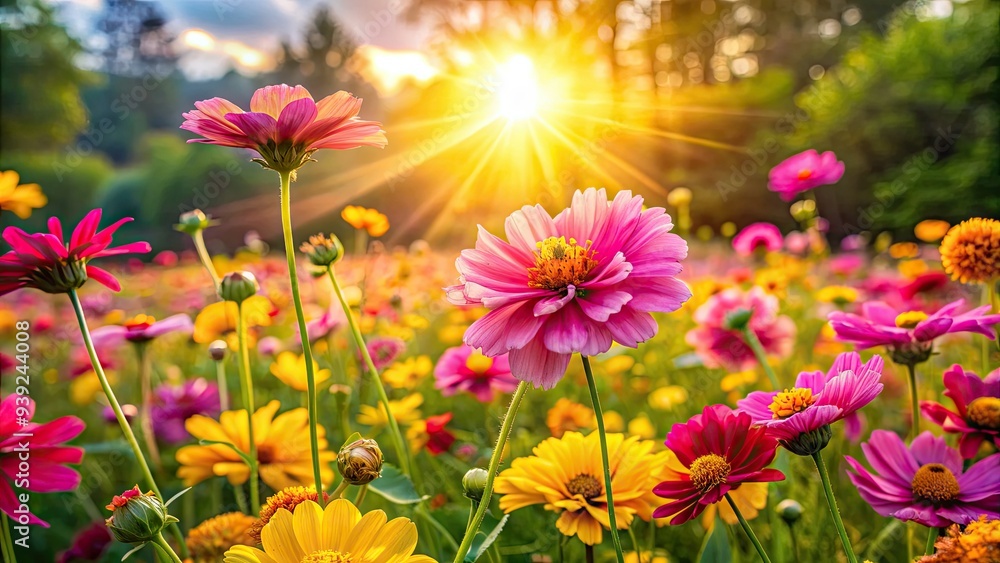 Vibrant pink and yellow blooms sway freely in the gentle breeze, surrounded by lush greenery and warm sunlight, evoking feelings of joy and serenity. Vibrant pink and yellow blooms sway freely in the gentle breeze, surrounded by lush greenery and warm sunlight, evoking feelings of joy and serenity.
