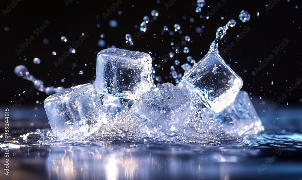 Close-up of ice cubes splashing into water on a black background. Cold and refreshing concept. Design for beverage, cooling, and summer poster Close-up of ice cubes splashing into water on a black background. Cold and refreshing concept. Design for beverage, cooling, and summer poster