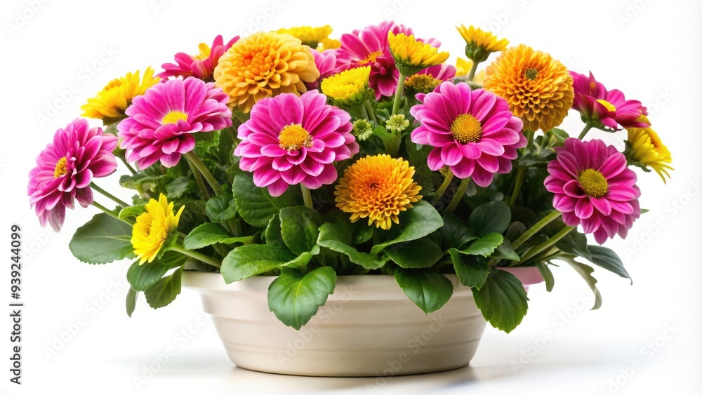 Vibrant pink and yellow flowers bloom on a lush green potted plant with delicate stems and oval-shaped leaves, set against a soft white background. Vibrant pink and yellow flowers bloom on a lush green potted plant with delicate stems and oval-shaped leaves, set against a soft white background.