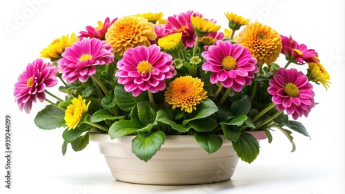 Wallpaper Mural Vibrant pink and yellow flowers bloom on a lush green potted plant with delicate stems and oval-shaped leaves, set against a soft white background. Torontodigital.ca