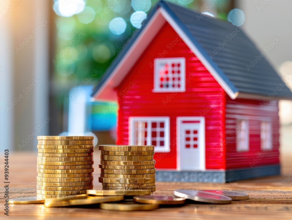 Stacks of Coins with Red Model House Symbolizing Real Estate Investment Stacks of Coins with Red Model House Symbolizing Real Estate Investment