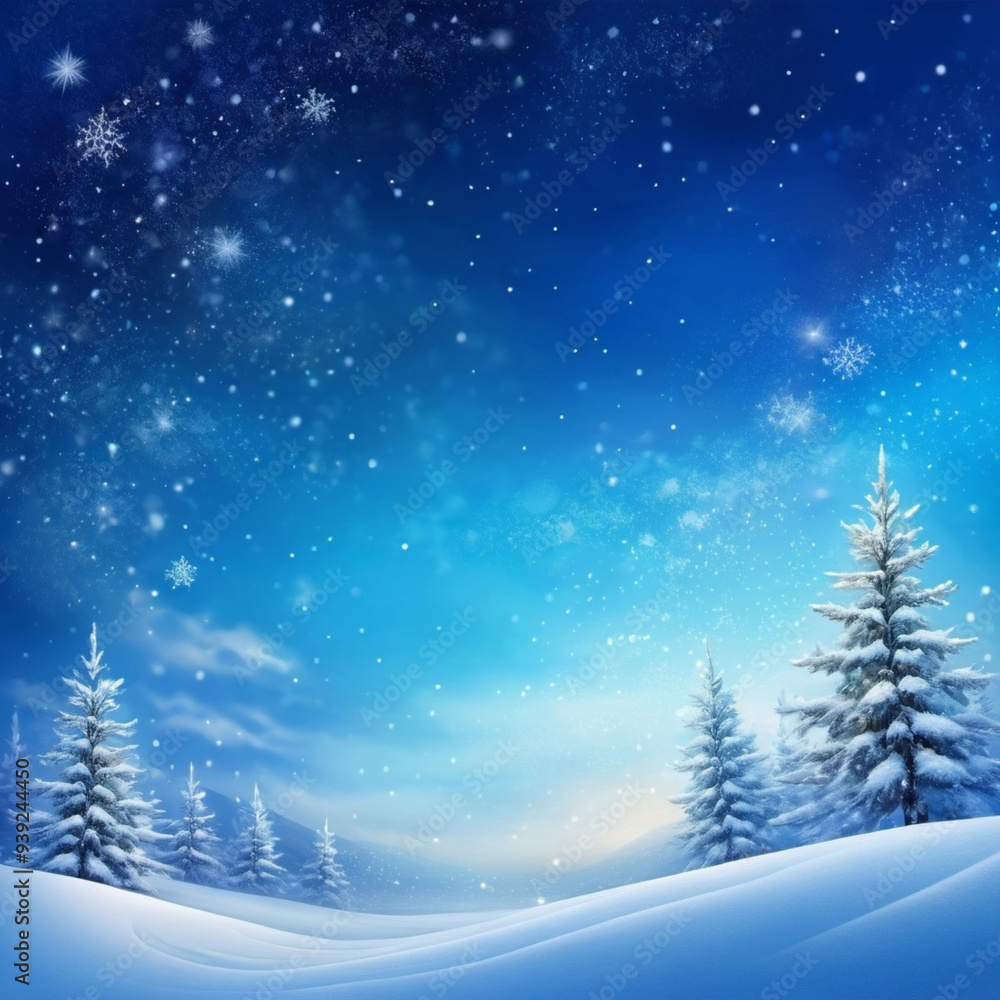 Picturesque winter scene with snow-covered plain and trees silhouetted against a vibrant night sky. Gentle snowfall adds magical touch, creating tranquil and breathtaking landscape. Generated AI Picturesque winter scene with snow-covered plain and trees silhouetted against a vibrant night sky. Gentle snowfall adds magical touch, creating tranquil and breathtaking landscape. Generated AI