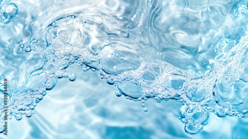 Transparent blue clear water surface texture with ripples, splashes and bubbles. Abstract nature background Water waves in sunlight. Cosmetic moisturizer micellar toner emulsion Transparent blue clear water surface texture with ripples, splashes and bubbles. Abstract nature background Water waves in sunlight. Cosmetic moisturizer micellar toner emulsion