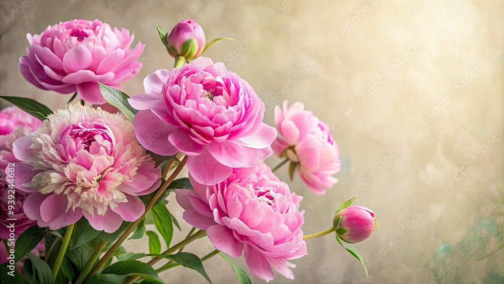 Vibrant pink peonies bloom against a soft, creamy background with ...