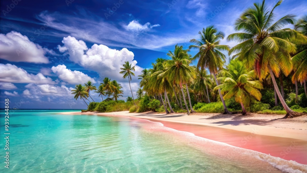 Obraz premium Vibrant pink sand stretches along a serene shoreline, surrounded by crystal-clear turquoise water and lush green palm trees under a brilliant blue sky.