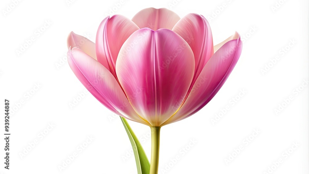 Vibrant pink tulip bloom with delicate petals and a golden center, illustration in a minimalist vector style against a soft white background. Vibrant pink tulip bloom with delicate petals and a golden center, illustration in a minimalist vector style against a soft white background.