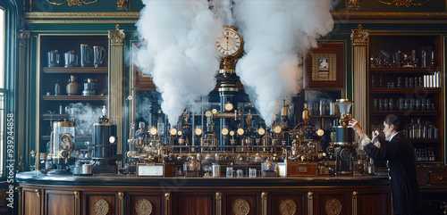 Victorian scientist experimenting with steam-powered contraptions in a grand laboratory photo