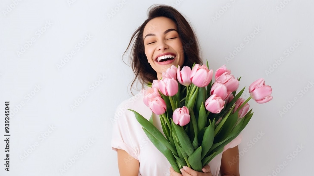 beautiful young woman laughs, holds a bouquet of tulips in her hands, spring holiday, mother, congratulation, gift, flowers, place for text, just like that, surprise, joy, relationship beautiful young woman laughs, holds a bouquet of tulips in her hands, spring holiday, mother, congratulation, gift, flowers, place for text, just like that, surprise, joy, relationship