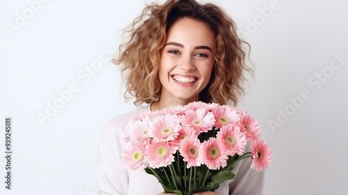 beautiful young woman laughs, holds a bouquet of tulips in her hands, spring holiday, mother, congratulation, gift, flowers, place for text, just like that, surprise, joy, relationship 