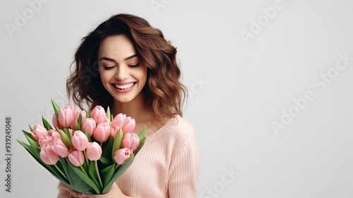 beautiful young woman laughs, holds a bouquet of tulips in her hands, spring holiday, mother, congratulation, gift, flowers, place for text, just like that, surprise, joy, relationship	