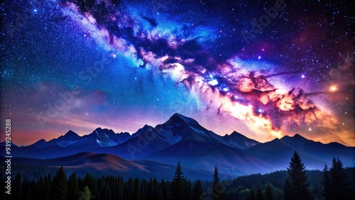 Vibrant purple and blue hues illuminate a celestial night sky, adorned with twinkling stars and a majestic, silhouetted mountain range in the foreground. photo