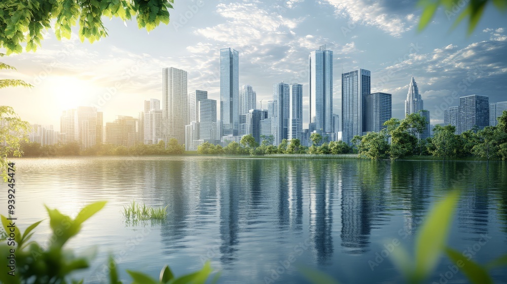 Stunning urban skyline with skyscrapers reflected in a tranquil lake, surrounded by lush greenery. Perfect cityscape stock photo. Stunning urban skyline with skyscrapers reflected in a tranquil lake, surrounded by lush greenery. Perfect cityscape stock photo.