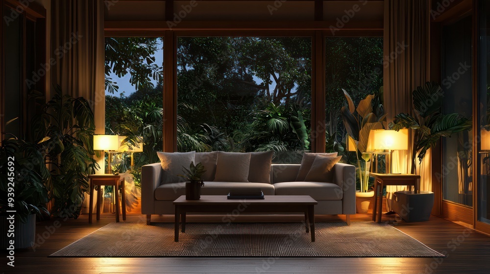 Fototapeta premium A living room with a couch, coffee table, and potted plants. The room is dimly lit, creating a cozy and relaxing atmosphere