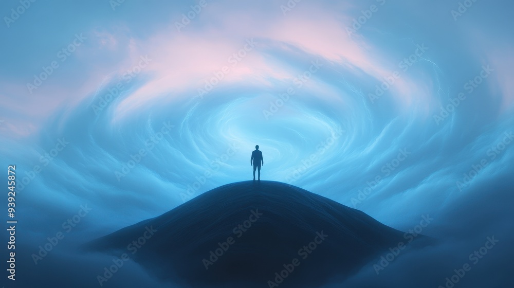 A man stands on a hill in front of a swirling blue sky A man stands on a hill in front of a swirling blue sky