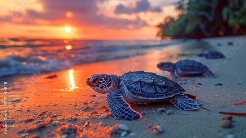 Fototapeta Naklejka Na Ścianę i Meble -  A small sea turtle hatchling crawls towards the ocean at sunset, surrounded by other baby turtles.