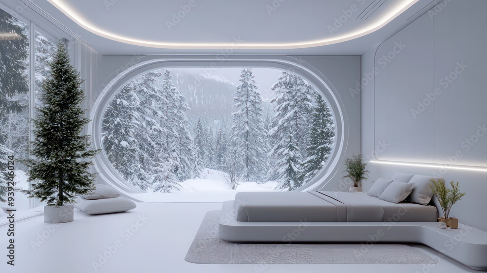 Fototapeta premium A bedroom with a large window overlooking a snowy forest. The room is decorated in a minimalist style with white walls and furniture. The bed is the focal point of the room