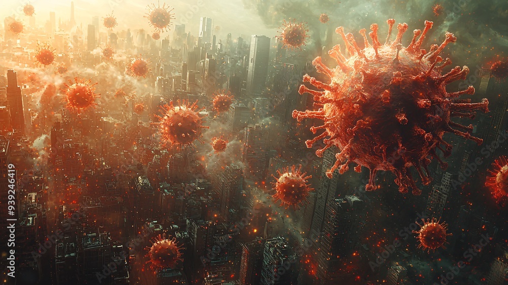 Fototapeta premium An artistic depiction of RSV spreading through a dense urban environment, symbolizing the virus s impact on communities.