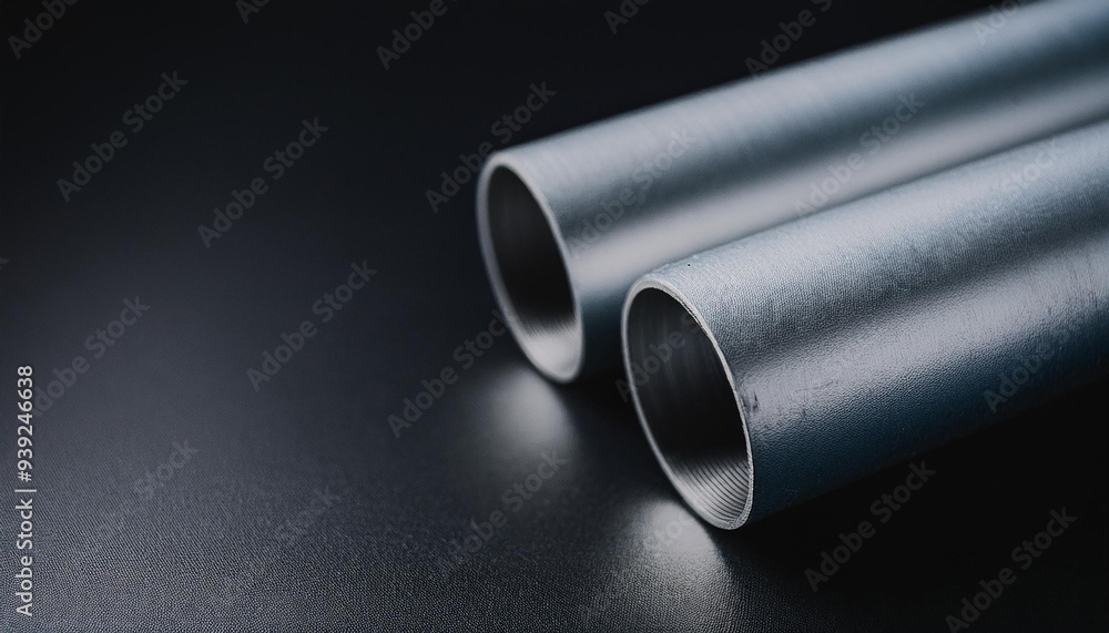 Fototapeta premium Gray metal pipe on black surface.