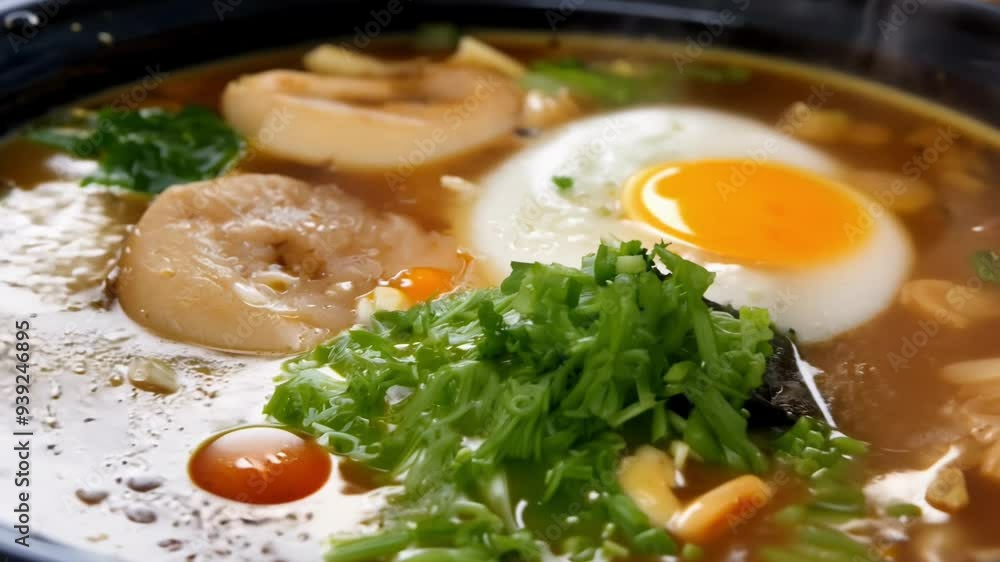 A steaming bowl of ramen features tender shrimp, a soft-boiled egg, and fresh greens topped with aromatic herbs. A steaming bowl of ramen features tender shrimp, a soft-boiled egg, and fresh greens topped with aromatic herbs.