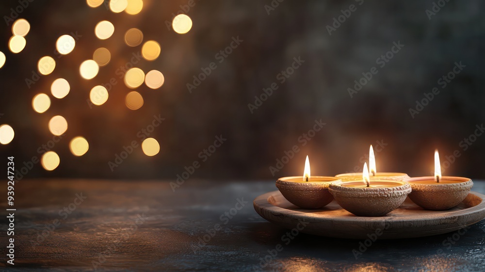 A plate of candles with a blurry background. The candles are lit and arranged in a row