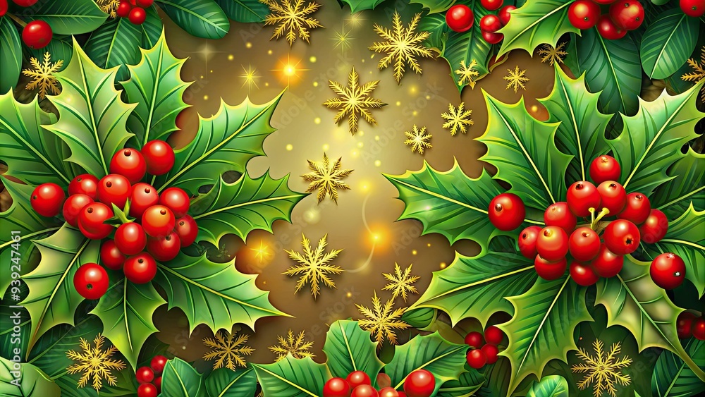 Vibrant red holly leaves and bright green stems adorned with shiny golden berries and a few snowflakes, forming a festive holiday border or background design. Vibrant red holly leaves and bright green stems adorned with shiny golden berries and a few snowflakes, forming a festive holiday border or background design.