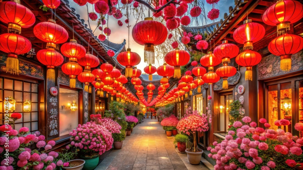 Vibrant red lanterns adorn ancient temple walls, surrounded by blossoming flowers and lantern-lined walkways, celebrating the magical atmosphere of the Chinese Lantern Festival 2023. Vibrant red lanterns adorn ancient temple walls, surrounded by blossoming flowers and lantern-lined walkways, celebrating the magical atmosphere of the Chinese Lantern Festival 2023.