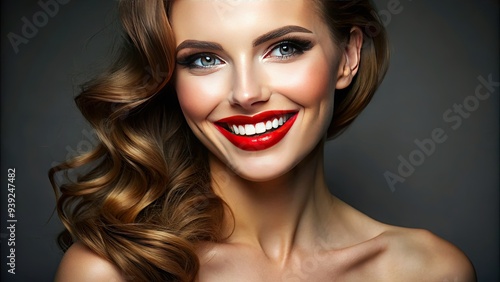 Vibrant red lipstick accentuates a bright, beaming smile, contrasting against flawless porcelain skin, exuding confidence and glamour in a classic, timeless beauty portrait. photo