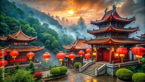 Vibrant red lanterns illuminate the ornate gates and vibrant architecture of a bustling Chinese temple, surrounded by lush greenery and misty atmosphere.