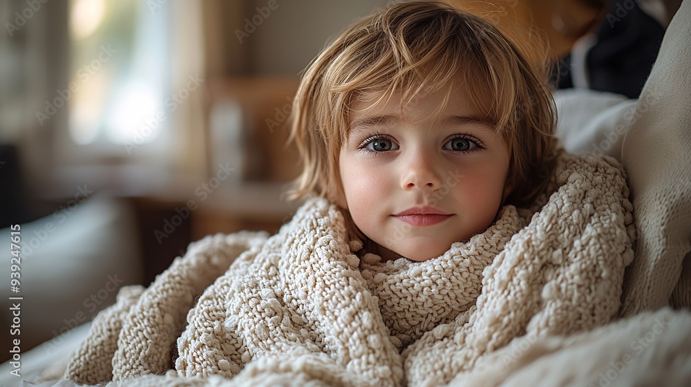 A child sitting up in bed at home, struggling with RSV, while a concerned parent provides care and comfort. A child sitting up in bed at home, struggling with RSV, while a concerned parent provides care and comfort.