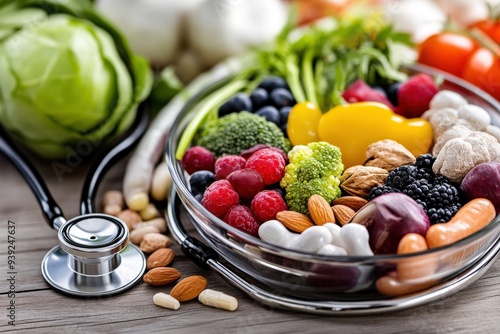 A bowl filled with an assortment of fresh fruits and vegetables, accompanied by a stethoscope. This image emphasizes health and nutrition, highlighting the importance of a balanced diet. photo