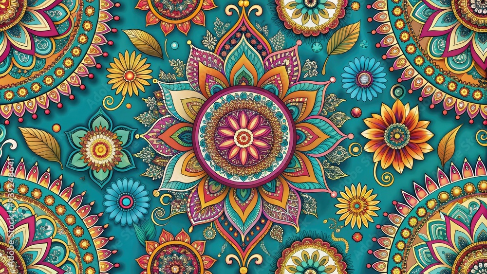 Fototapeta premium Vibrant seamless pattern of colorful Indian motifs, intricate mandalas, and ornate paisley designs on a rich turquoise background, perfect for textiles and wallpapers.