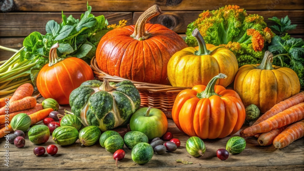 Vibrant seasonal harvest display featuring freshly picked autumn vegetables, including colorful heirloom pumpkins, crisp Brussels sprouts, and plump carrots, arranged on a rustic wooden table. Vibrant seasonal harvest display featuring freshly picked autumn vegetables, including colorful heirloom pumpkins, crisp Brussels sprouts, and plump carrots, arranged on a rustic wooden table.