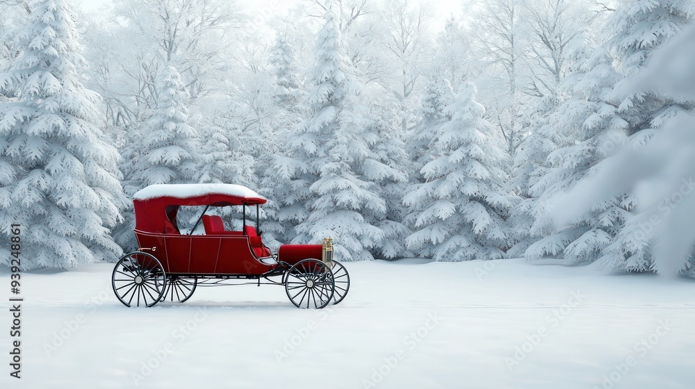 A red carriage is parked in the snow in a forest. The scene is peaceful and serene, with the snow-covered trees providing a beautiful backdrop. The red carriage stands out against the white snow A red carriage is parked in the snow in a forest. The scene is peaceful and serene, with the snow-covered trees providing a beautiful backdrop. The red carriage stands out against the white snow
