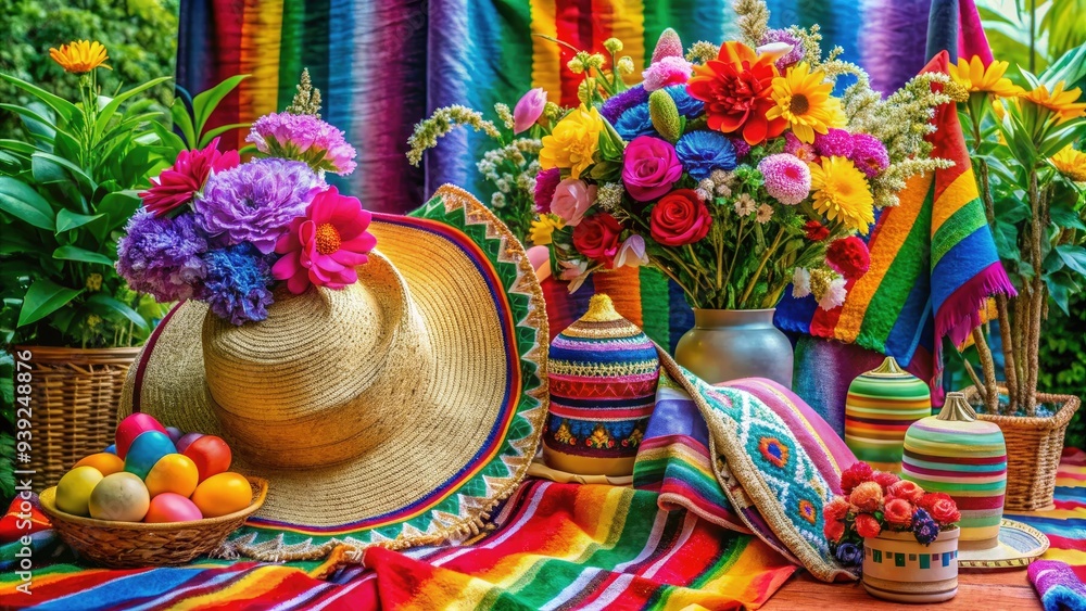Vibrant serape blanket wraps around a beautiful floral arrangement, surrounded by colorful sombreros and piñatas, celebrating motherhood with a festive Mexican twist. Vibrant serape blanket wraps around a beautiful floral arrangement, surrounded by colorful sombreros and piñatas, celebrating motherhood with a festive Mexican twist.
