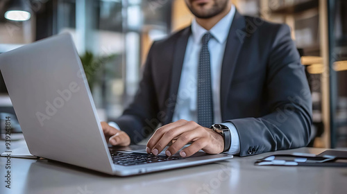 Businessman wearing a suit uses a laptop.