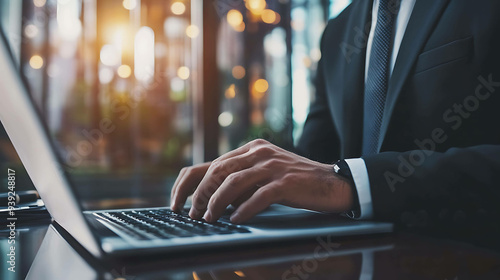 A businessman in a suit is working on a laptop in a cafe.