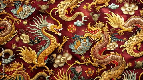 Wallpaper Mural Vibrant silk fabric featuring intricate traditional Chinese dragon and phoenix motifs in shades of red, gold, and cream on a rich burgundy background. Torontodigital.ca