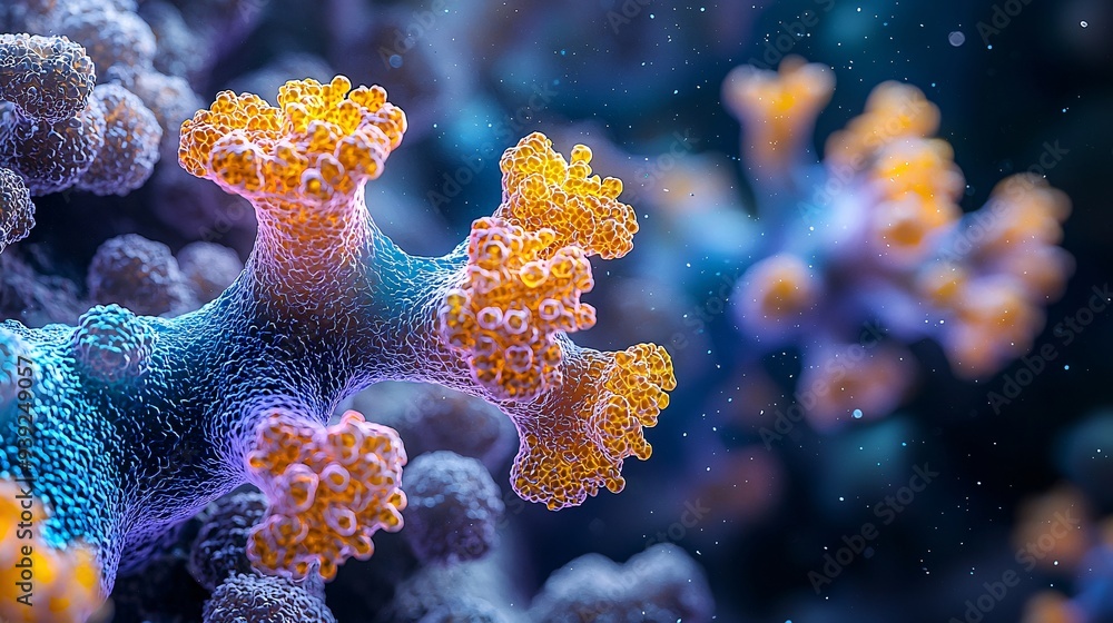 Fototapeta premium A close-up of an RSV virus particle attaching to a lung cell, showcasing the viral invasion process under a microscope.