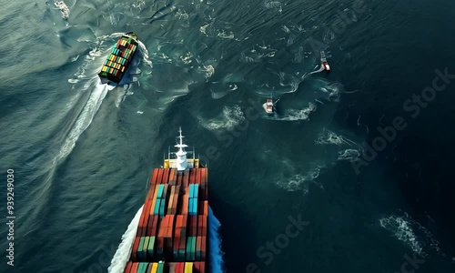 A large cargo ship sails through deep blue waters while a small boat drifts close by. The sun sets, casting a warm glow over the scene and highlighting the waves
