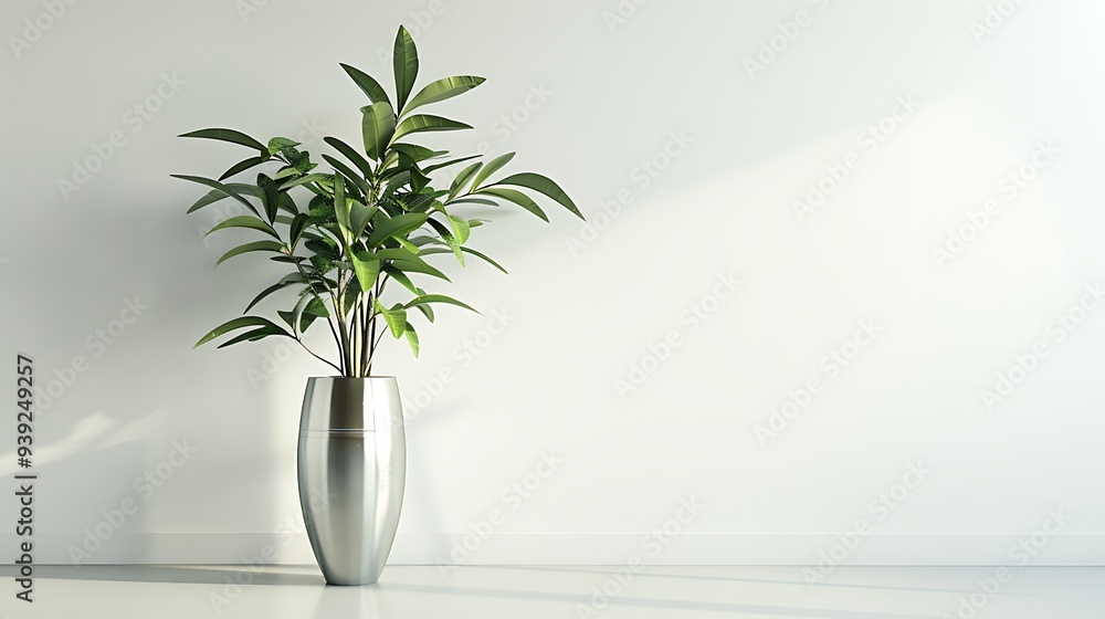 A modern metal vase with an arrangement of fresh greenery, set against a pristine white background. 8k A modern metal vase with an arrangement of fresh greenery, set against a pristine white background. 8k