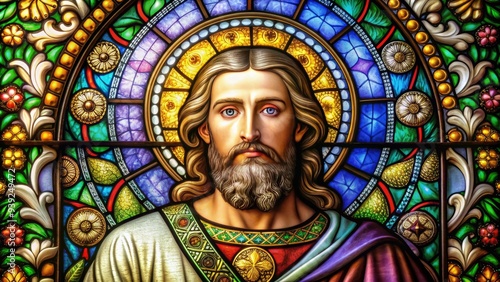 Vibrant stained glass window depicts a serene, bearded figure in robes, surrounded by intricate patterns and radiant light, evoking a sense of peace and devotion.