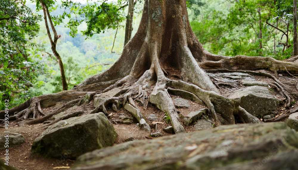 Roots of huge trees growing between rocks. Green jungle background. Beautiful nature. Roots of huge trees growing between rocks. Green jungle background. Beautiful nature.