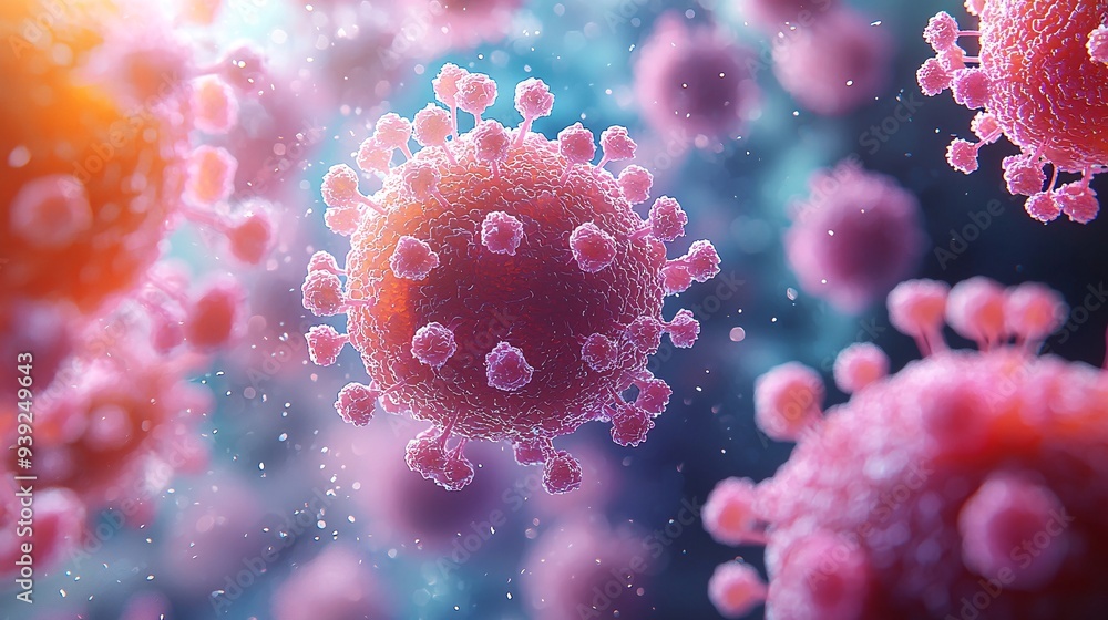 3D rendering of RSV virus particles floating in the air, with spherical shapes and protruding protein spikes. 3D rendering of RSV virus particles floating in the air, with spherical shapes and protruding protein spikes.