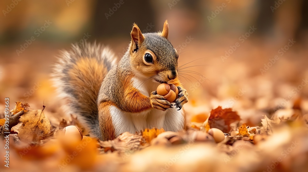 A cute squirrel sits on a bed of autumn leaves, enjoying a snack. A cute squirrel sits on a bed of autumn leaves, enjoying a snack.