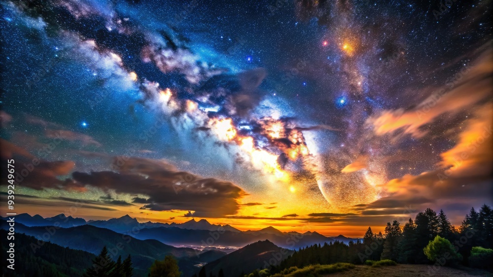Vibrant stars and swirling clouds of gas illuminate the night sky, showcasing the breathtaking beauty and majesty of the majestic Milky Way galaxy. Vibrant stars and swirling clouds of gas illuminate the night sky, showcasing the breathtaking beauty and majesty of the majestic Milky Way galaxy.
