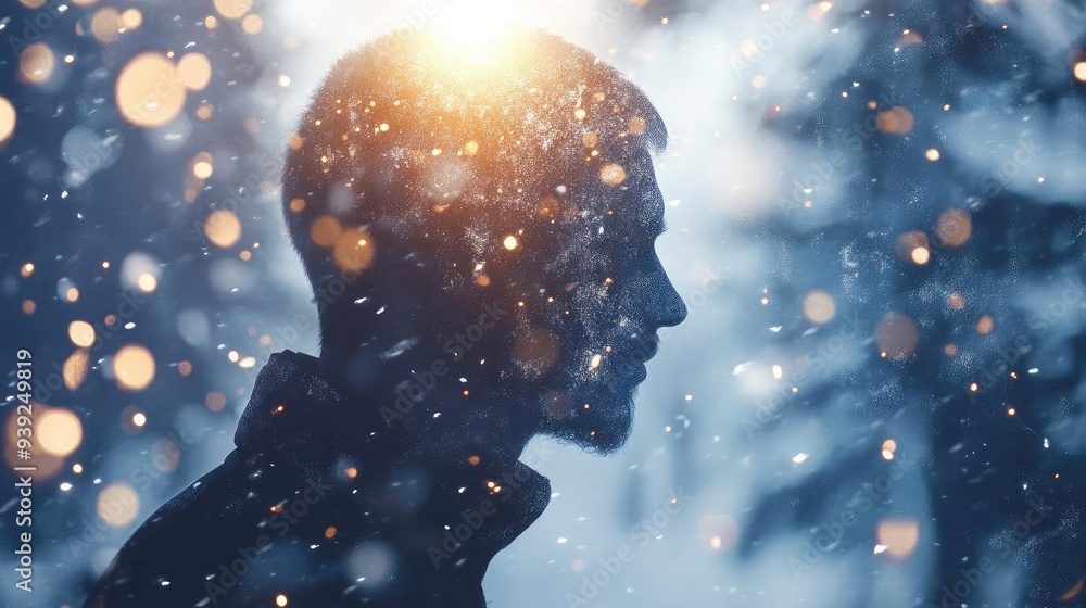 Silhouette of a man in a snowy landscape with a glowing light, creating a mystical and serene winter atmosphere. Silhouette of a man in a snowy landscape with a glowing light, creating a mystical and serene winter atmosphere.